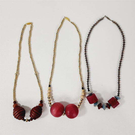 3 Vintage Chunky Wood Beaded Retro Necklaces