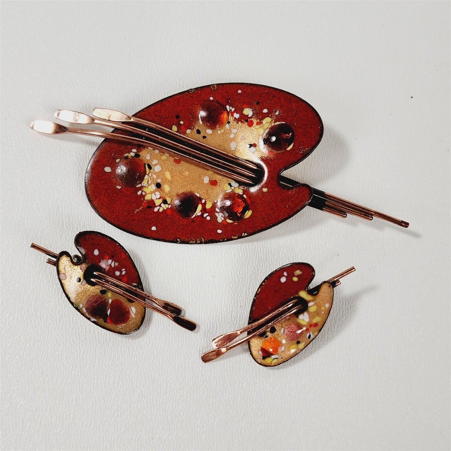 Vintage Matisse Renoir Copper Painter Palette Red Earrings Brooch Pin