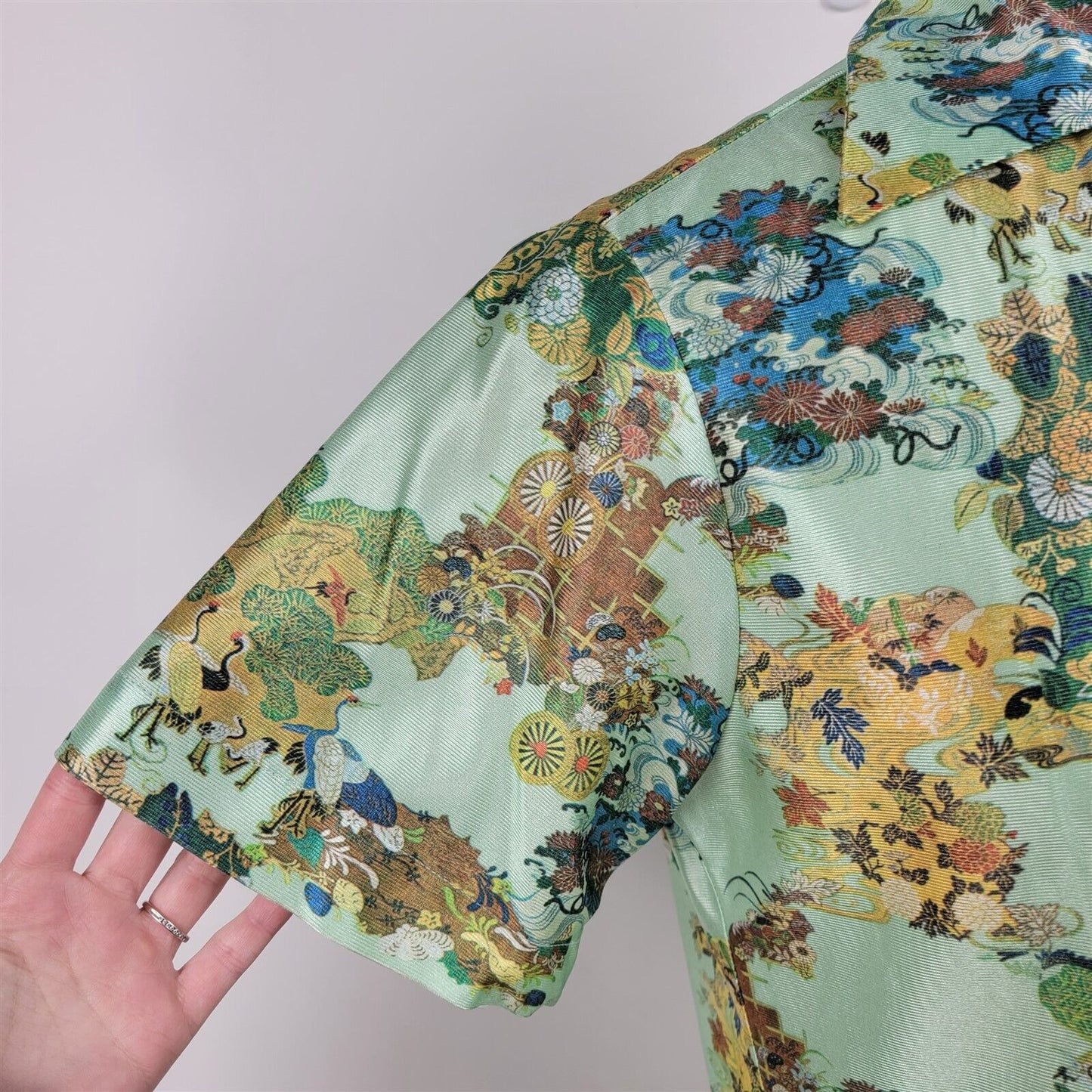 Vintage Asian Patterned Short Sleeve Floral Hawaiian Aqua Shirt Made in Hawaii