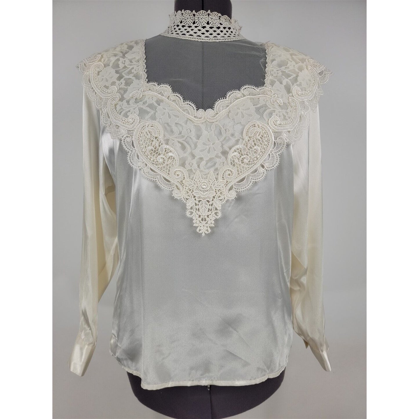 Vintage 1990s Sonya Ratay San Andre Satin Lace Blouse Victorian High Neck Size 8