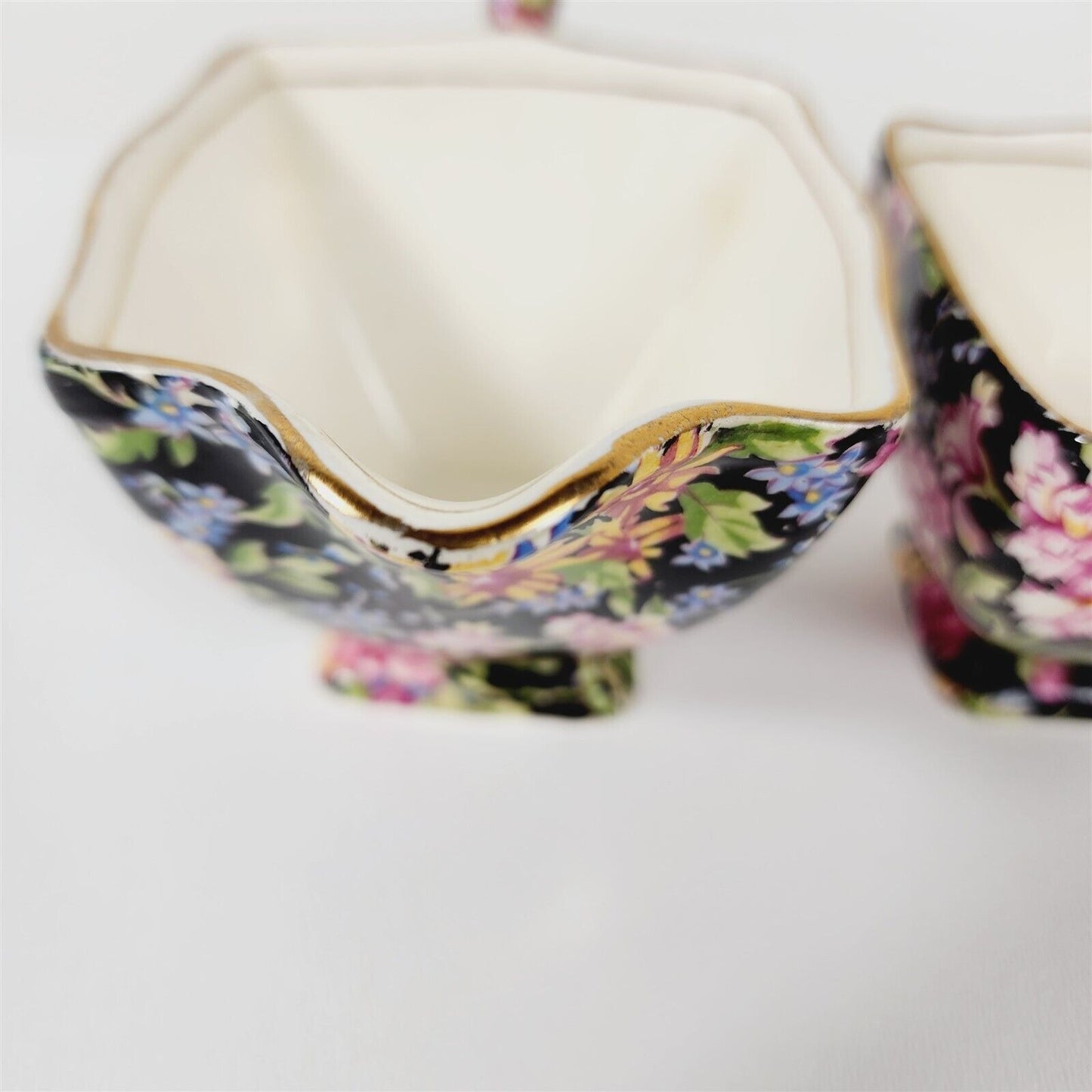 Vintage Royal Winton Grimwades Creamer & Sugar Bowl Set Black Floral - 2 1/2"