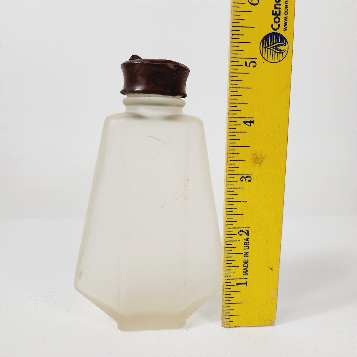 Vintage Powder Talc Shaker Frosted Glass Bottle Metal Lid Open Close - 5" tall