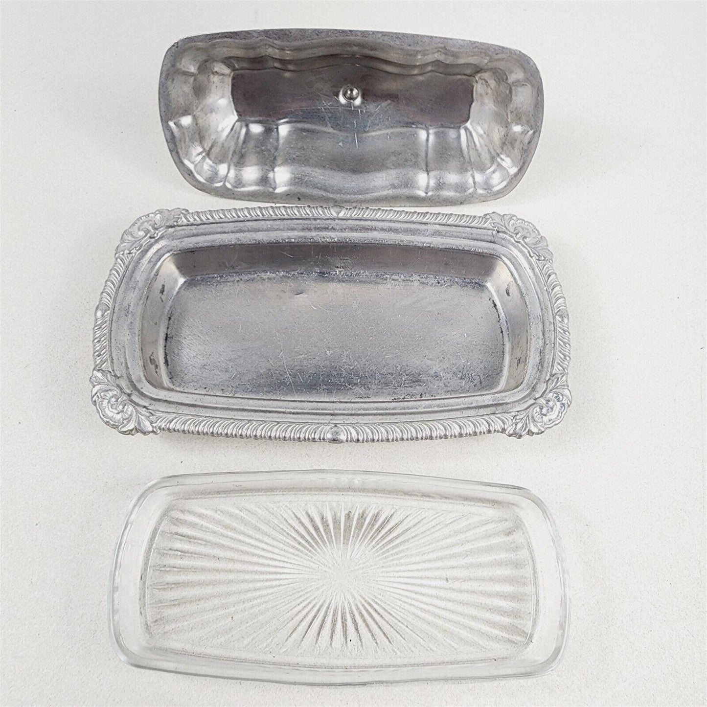 Vintage Aluminum Covered Butter Dish Rose Flower Glass Insert Tray