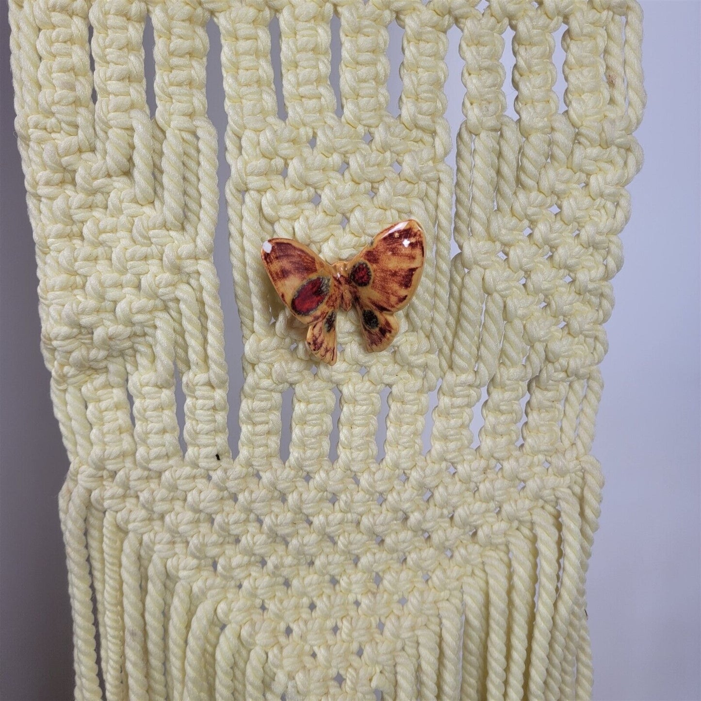 Vintage Handmade Macrame Wall Hanging Yellow Butterfly 55" Long