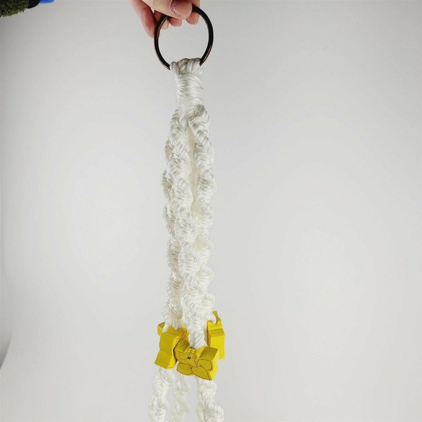 Vintage White Macrame Plant Hanger with Yellow Daffodil Wood Beads 40"