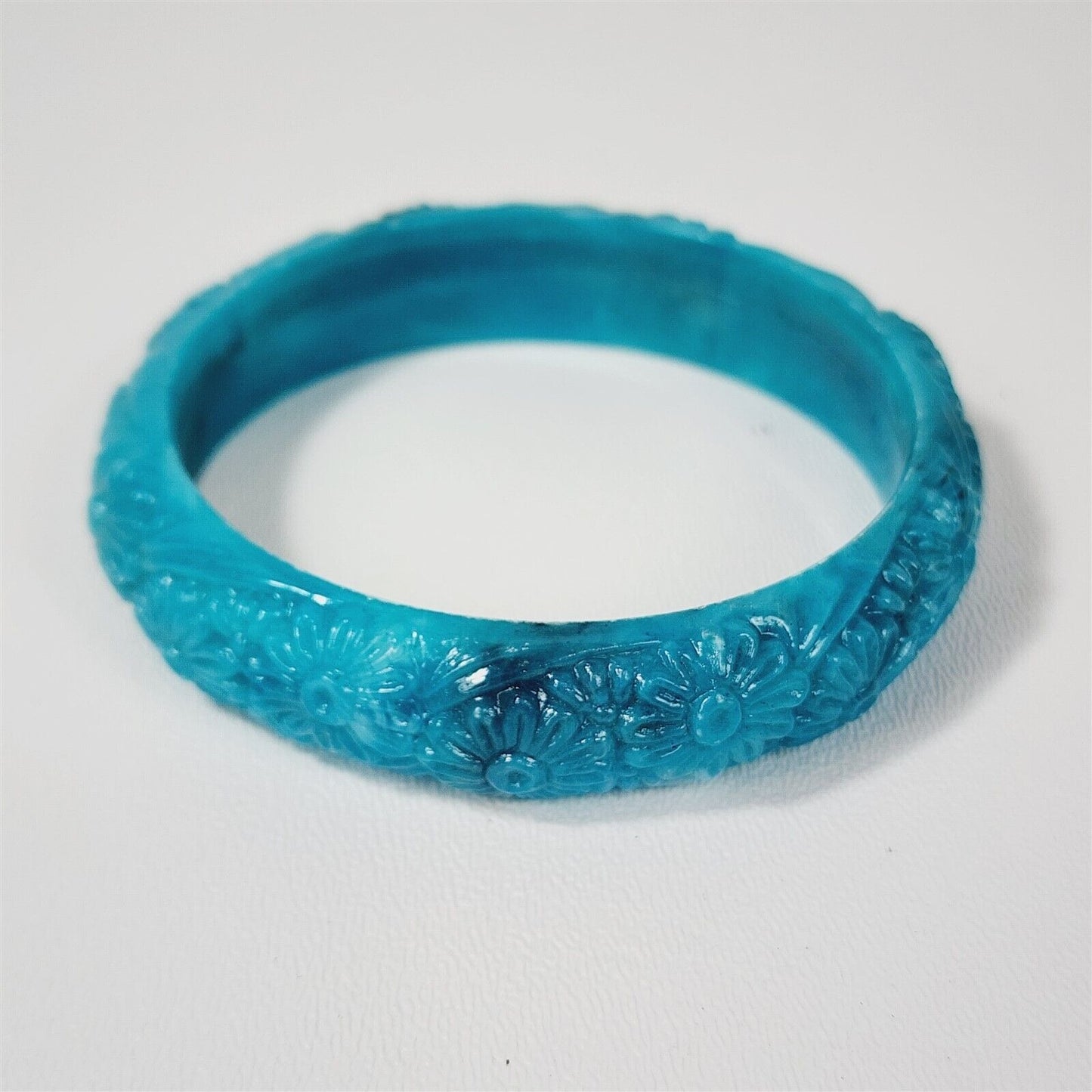 Vintage 1970s Blue Floral Molded Plastic End of Day Swirl Bangle Bracelet