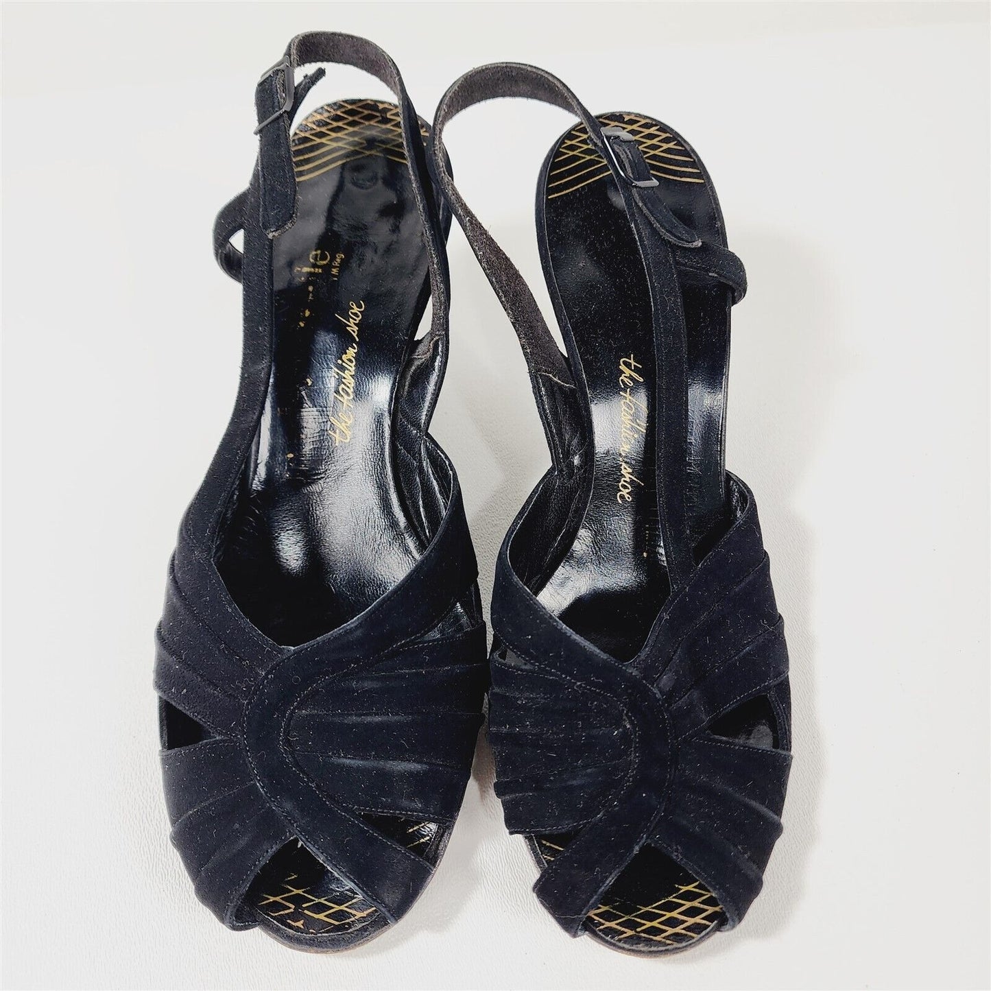 Vintage Mademoiselle Black Leather Strappy Sandals Heels Slingback Size 6 1/2 B