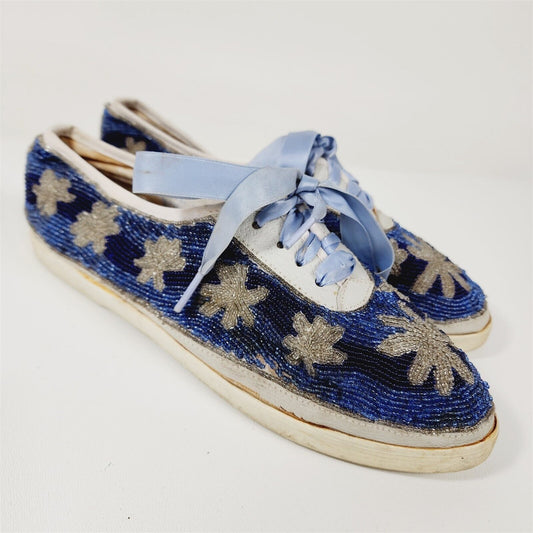 Vintage 1980s Beadz Beaded Blue Flower Snowflake Tennis Shoes Sneakers Size 8