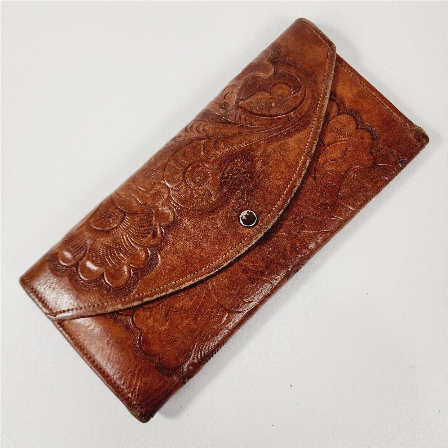 Vintage Tooled Leather Floral Tri-Fold Wallet