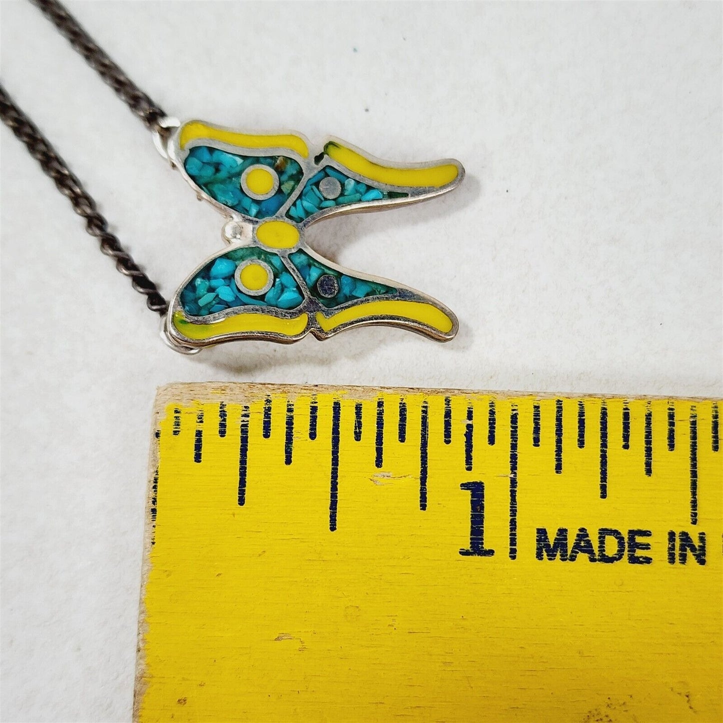 Vintage Butterfly Crushed Turquoise Yellow Enamel Sterling Silver Necklace 16”