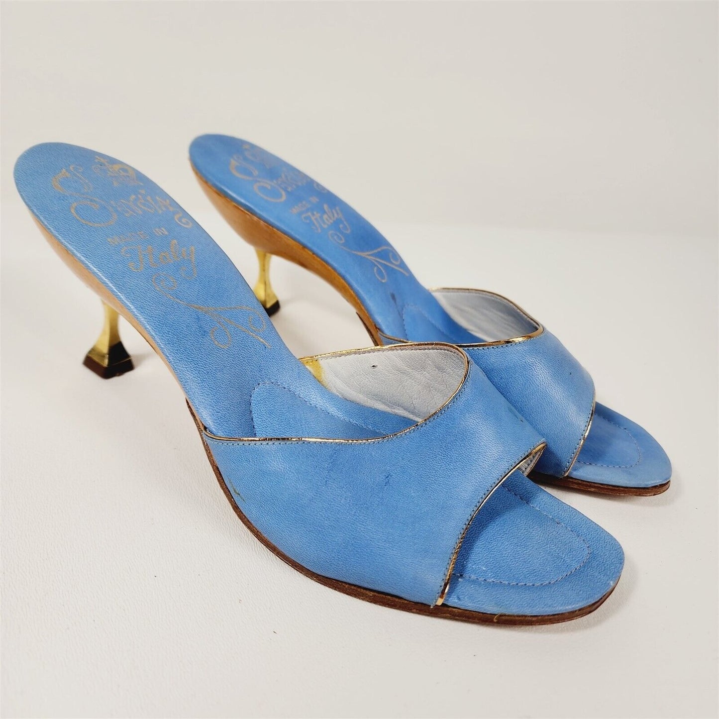 Vintage Saroia Made in Italy Blue Leather Mule Heels Womens Size 7 N