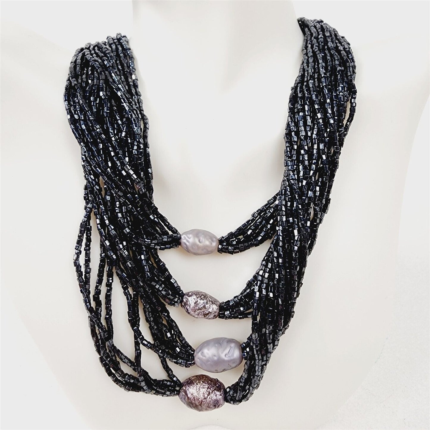 Vintage Black Shiny Seed Bead Layered Necklace with Silver Beaded Accents