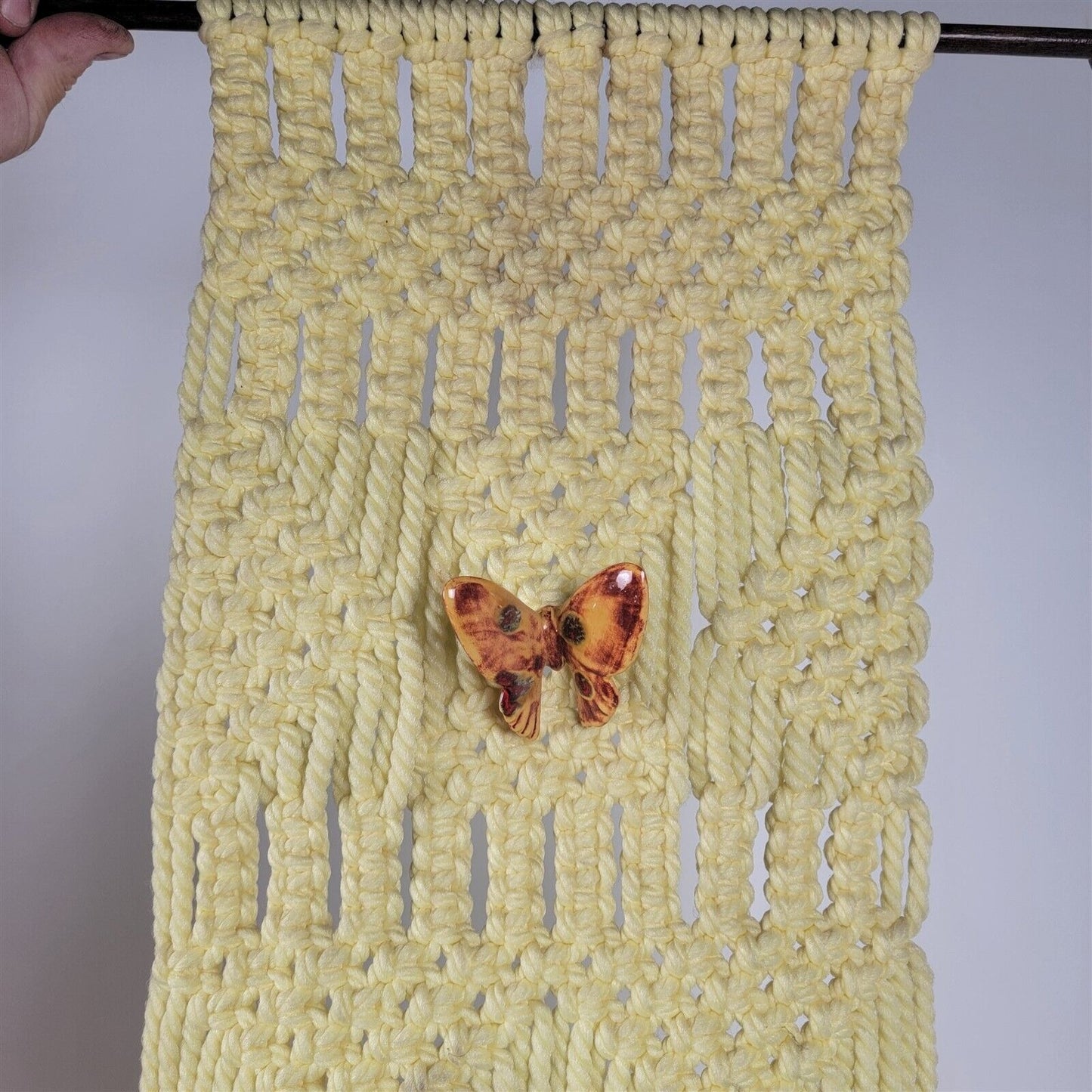 Vintage Handmade Macrame Wall Hanging Yellow Butterfly 55" Long