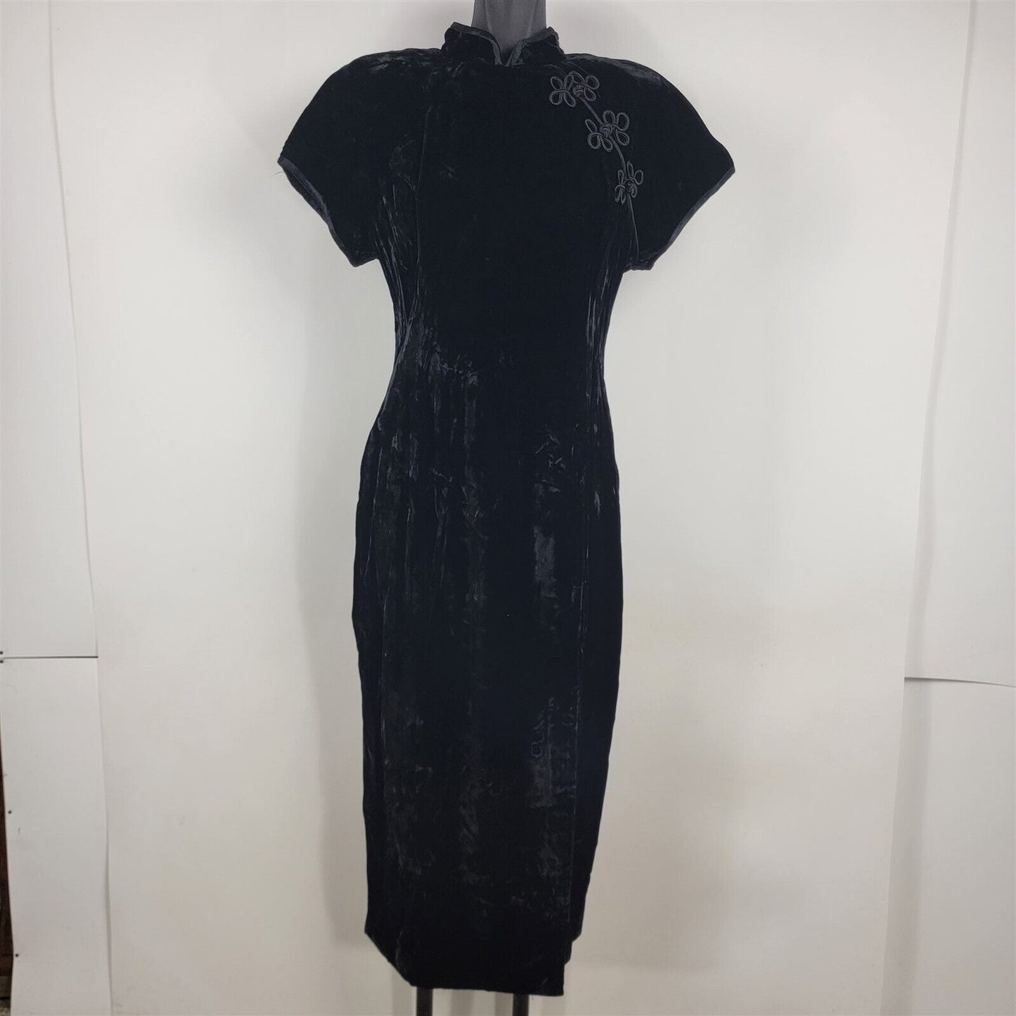 Vintage Virgo II Black Velvet Short Sleeve Maxi Dress w/ Slit Womens 12