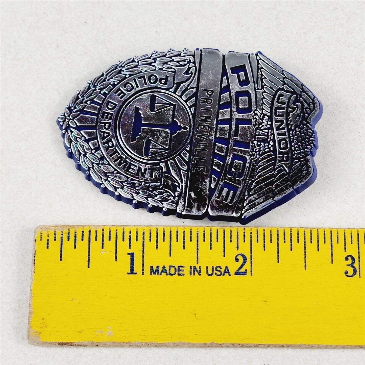 Vintage Junior Police Toy Badge Pin Prineville Oregon Blue Plastic - 2 1/2"