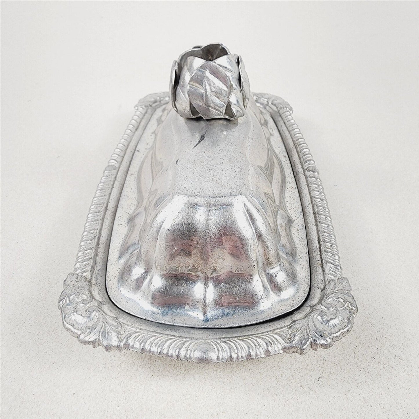 Vintage Aluminum Covered Butter Dish Rose Flower Glass Insert Tray