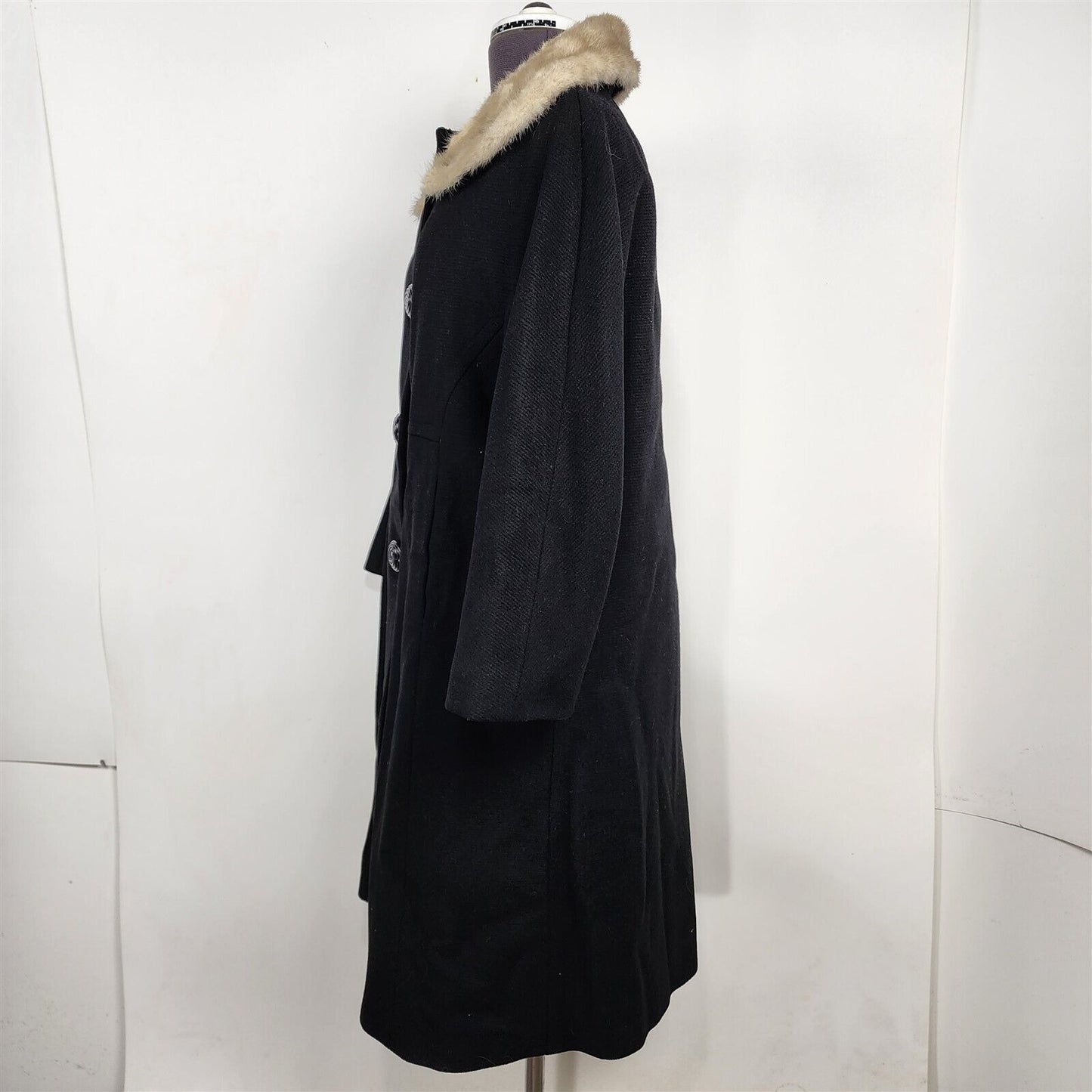 Vintage Black Wool Long Union Made Coat with Real Fur Collar Trim