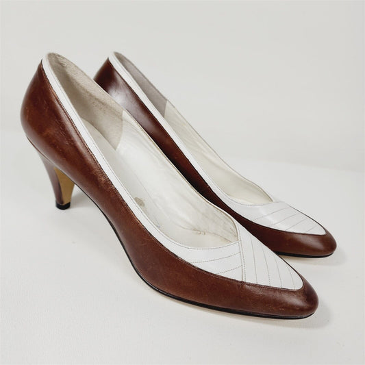 Vintage DeLiso Brown & White Leather Pumps Heels Shoes Size 8 AA