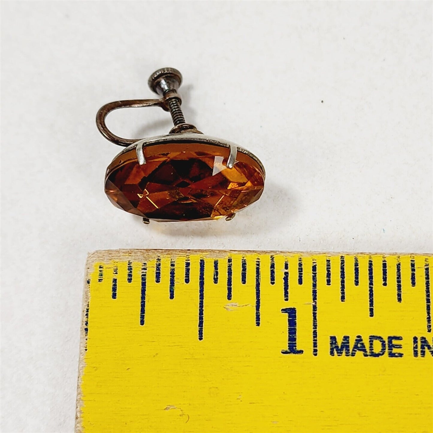 Vintage Sterling Silver Screw Back Orange Oval Rhinestone Earrings