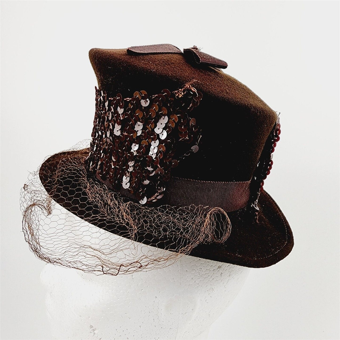 Vintage Olivier Womens Brown Wool Sequins Net Bow Hat w/ Bon Marche Box