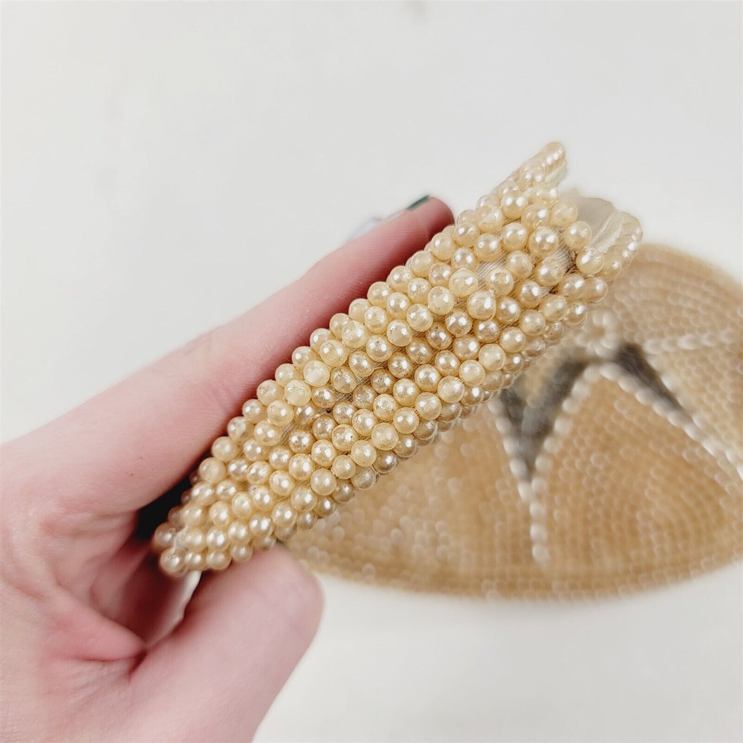 Vintage Faux Pearl Beaded Purse Clutch Bag Evening Formal Scalloped Top 8.5x4.5