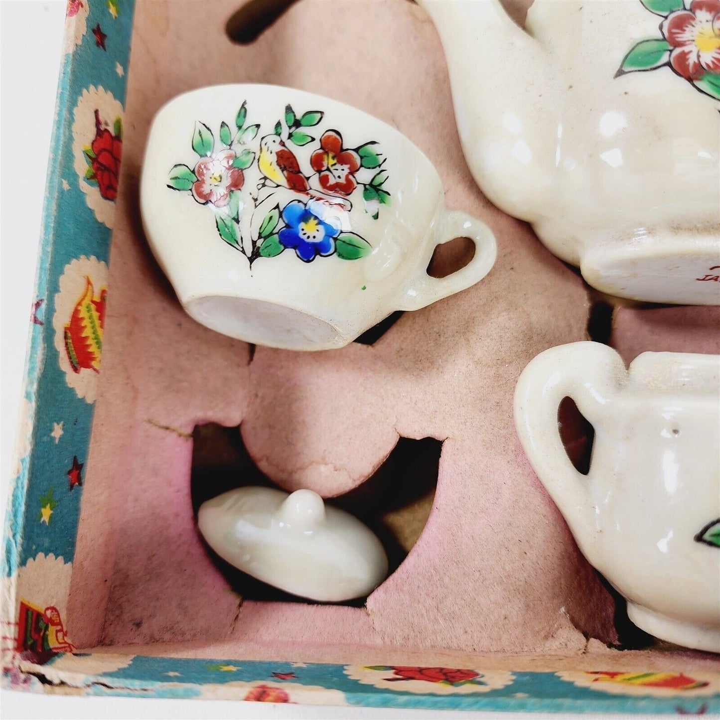 Vintage 7 Piece Lusterware Childs Tea Set Cream Floral Dishes in Original Box