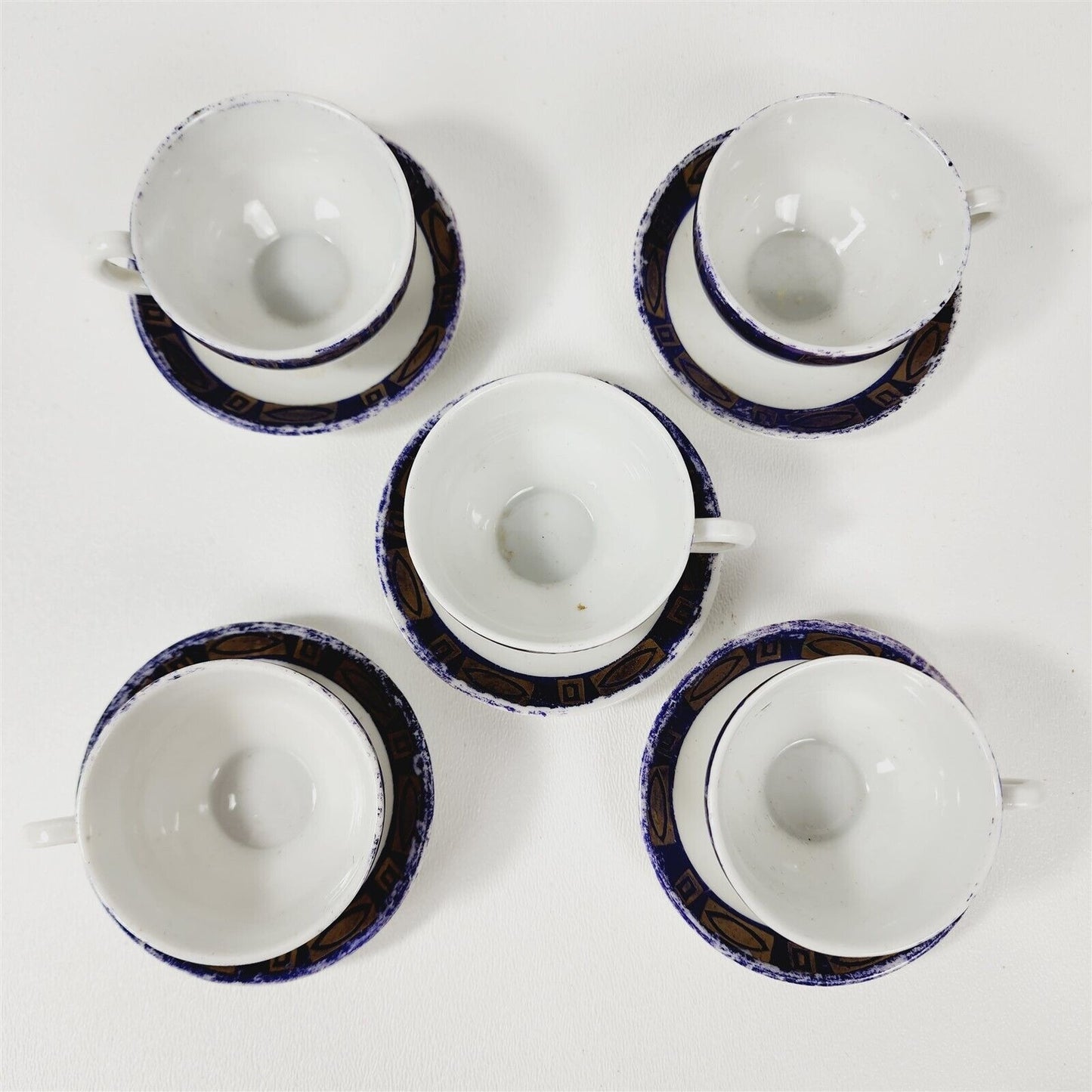 Vintage 10 Piece Ceramic Childs Tea Set Cups Plates Blue Gold & White