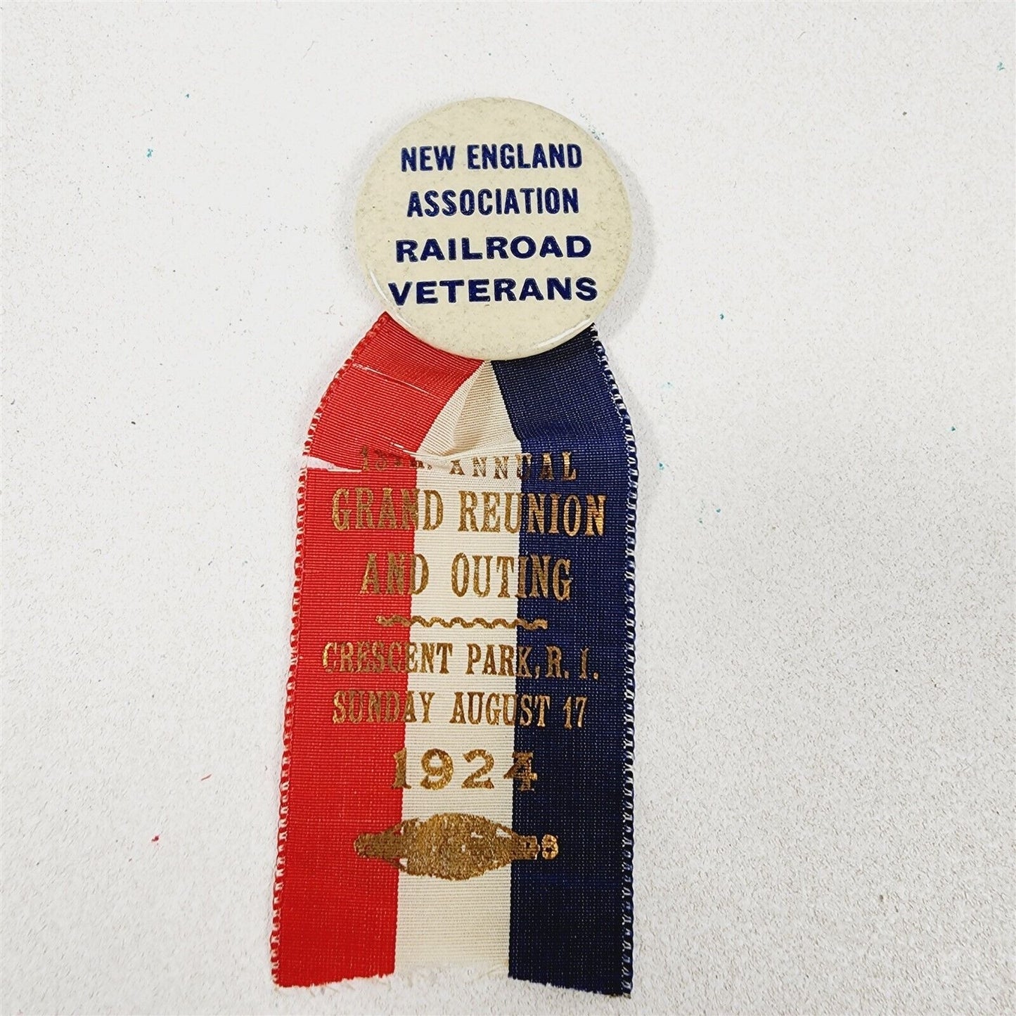 Antique 1924 New England Railroad Veterans 13th Reunion Ribbon & Pin Button - 4"