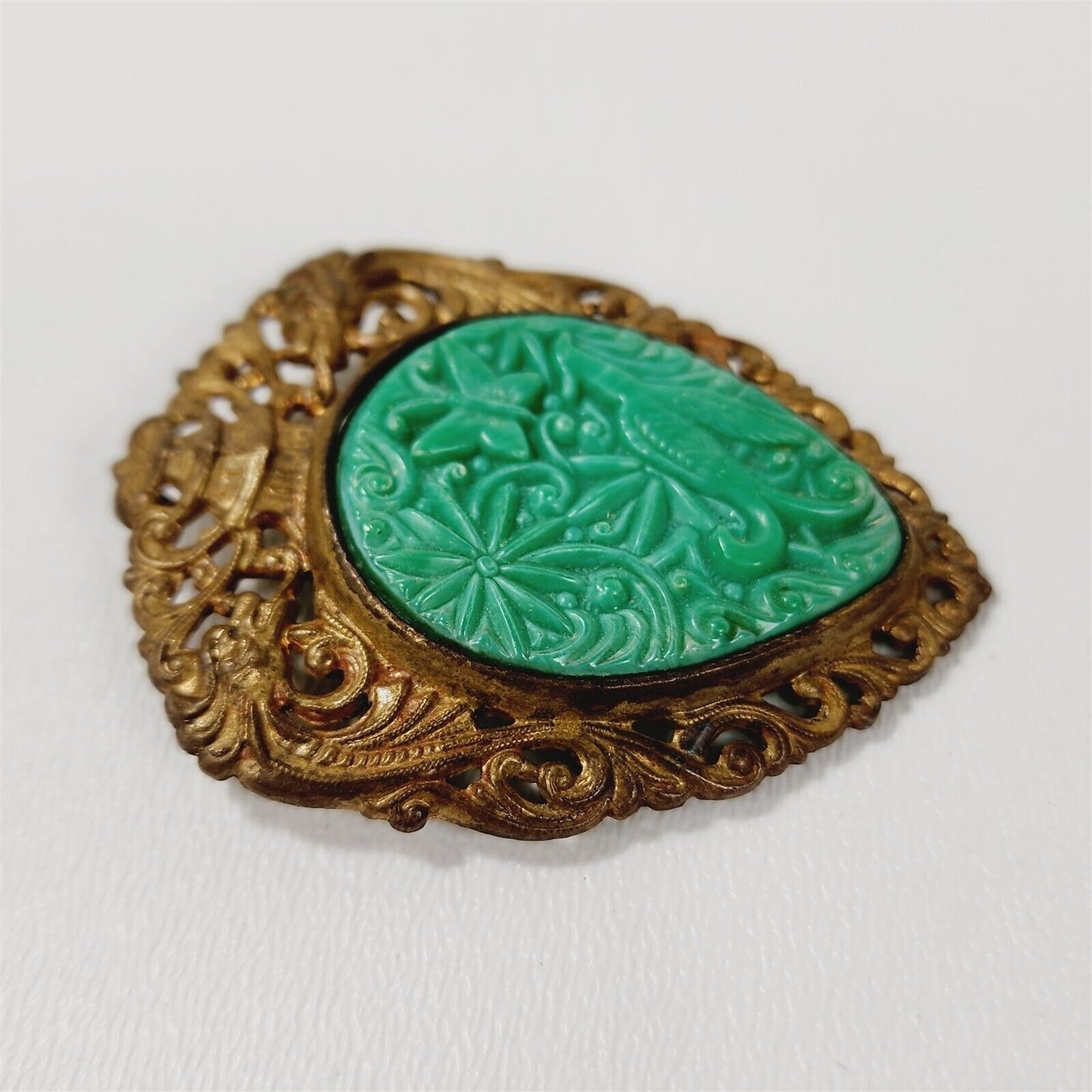 Vintage Asian Green Faux Jade Carved Bird Openwork Brooch