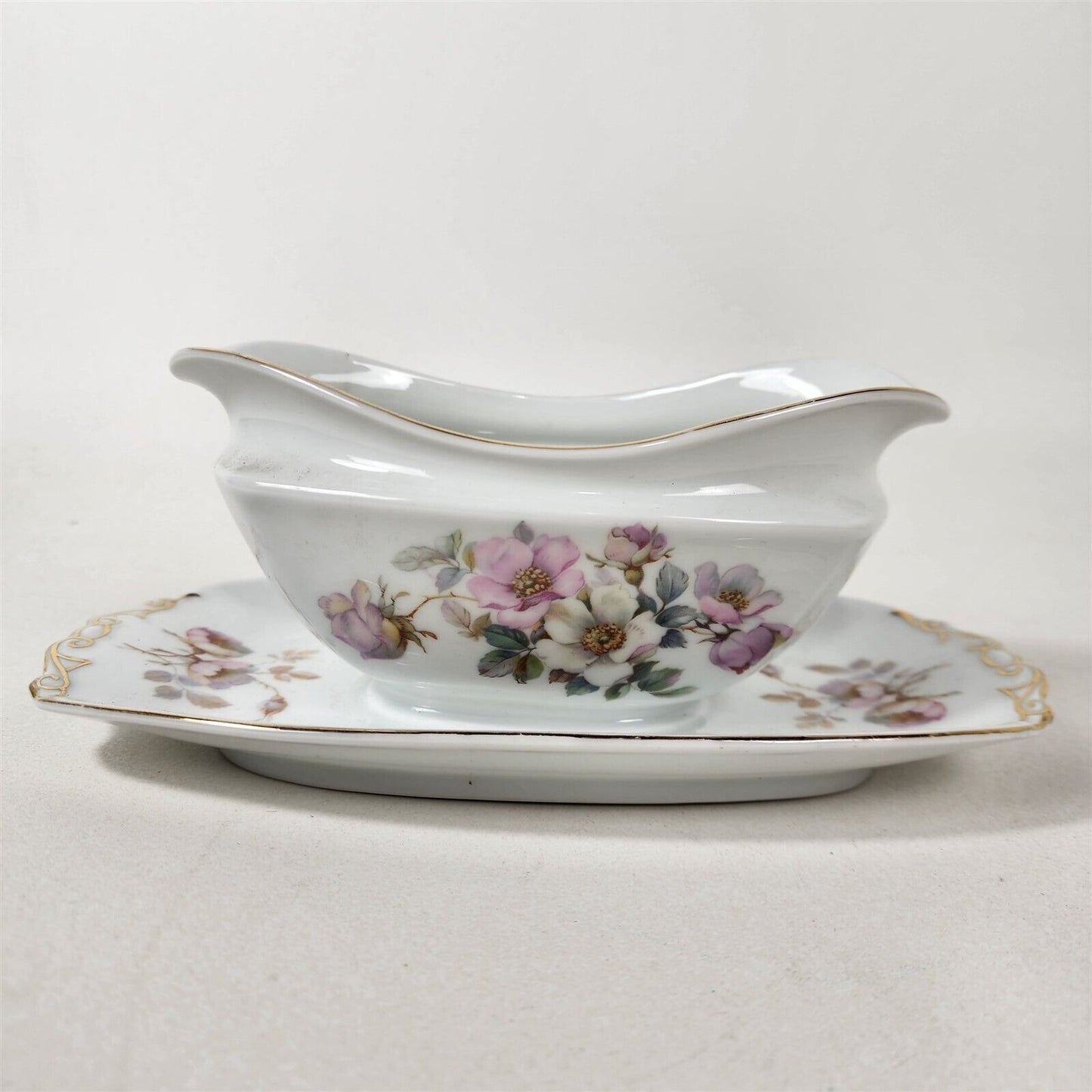 Epiag 02460 Pink & White Flowers Czechoslovakia Gravy Boat w/ Attached Plate