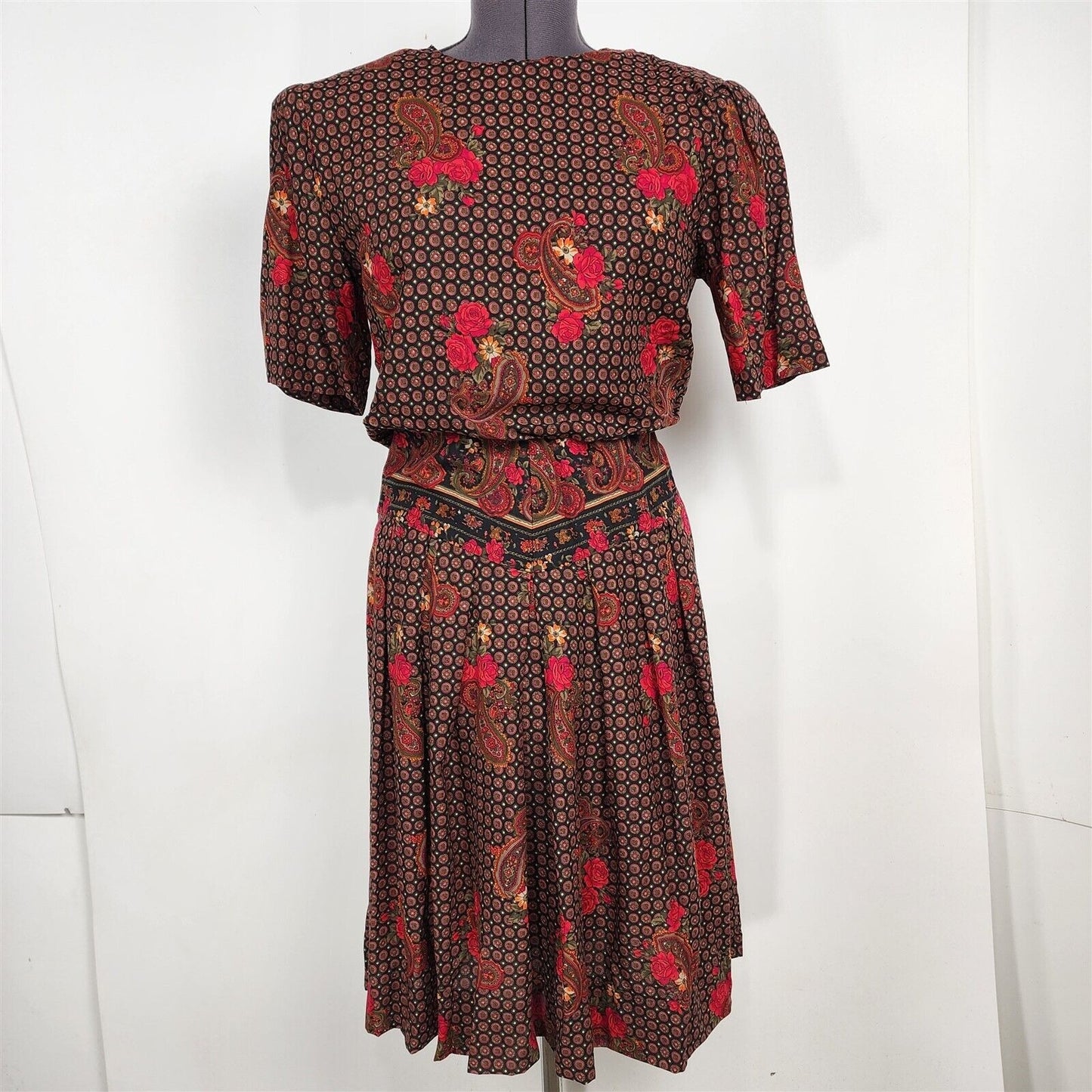 Vintage 1980s Betsy's Things Red Floral Paisley Dress Womens Size 11/12