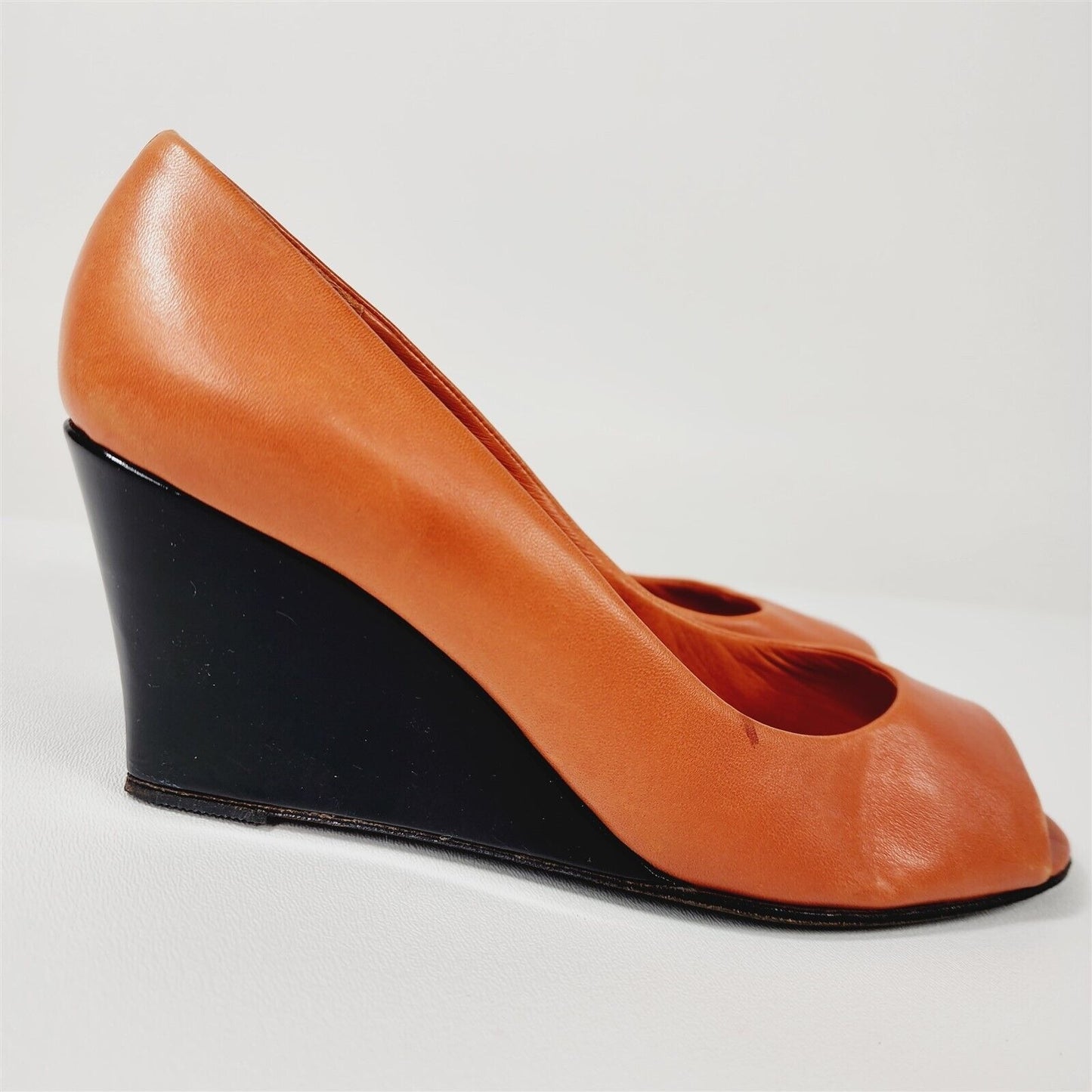 Vintage Arsho for Shoe Biz Orange Leather Peep Toe Wedge Heels Shoes Size 6