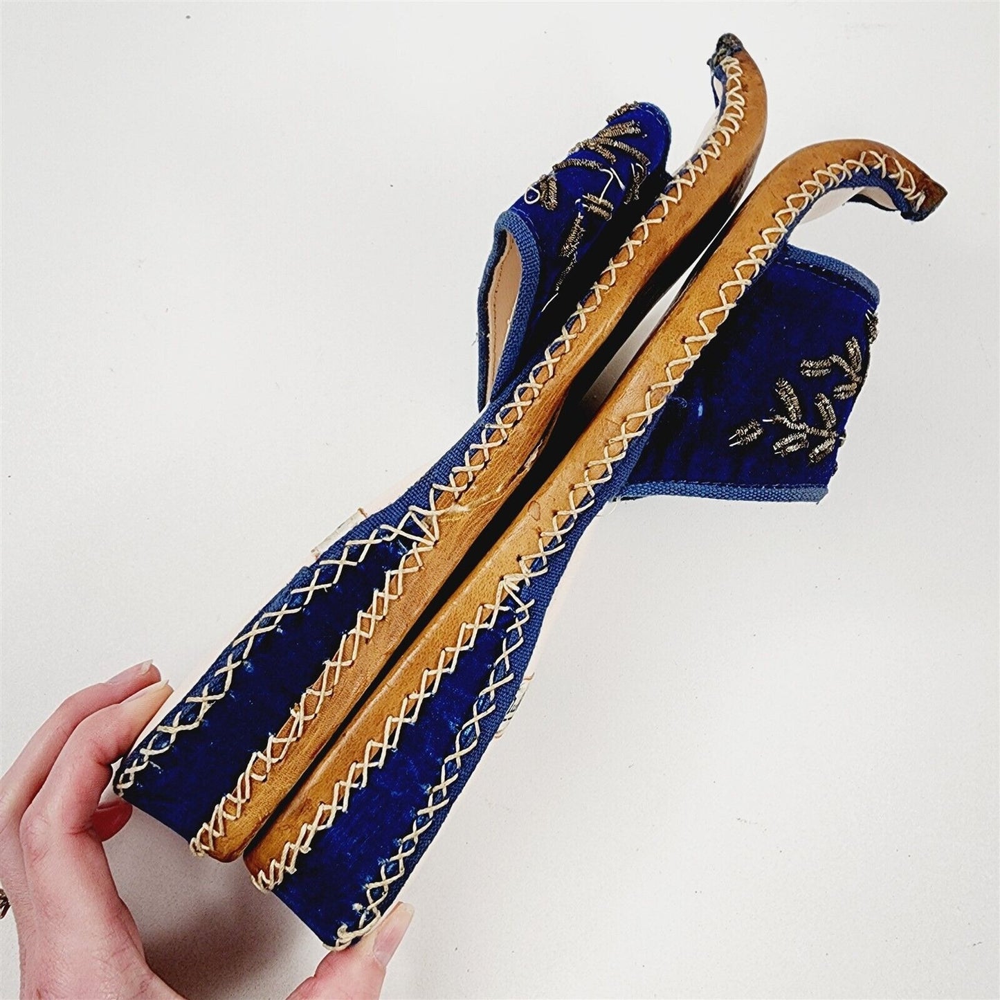 Vintage Turkish Ottoman Leather Silk Slippers Blue Velor Embroidered