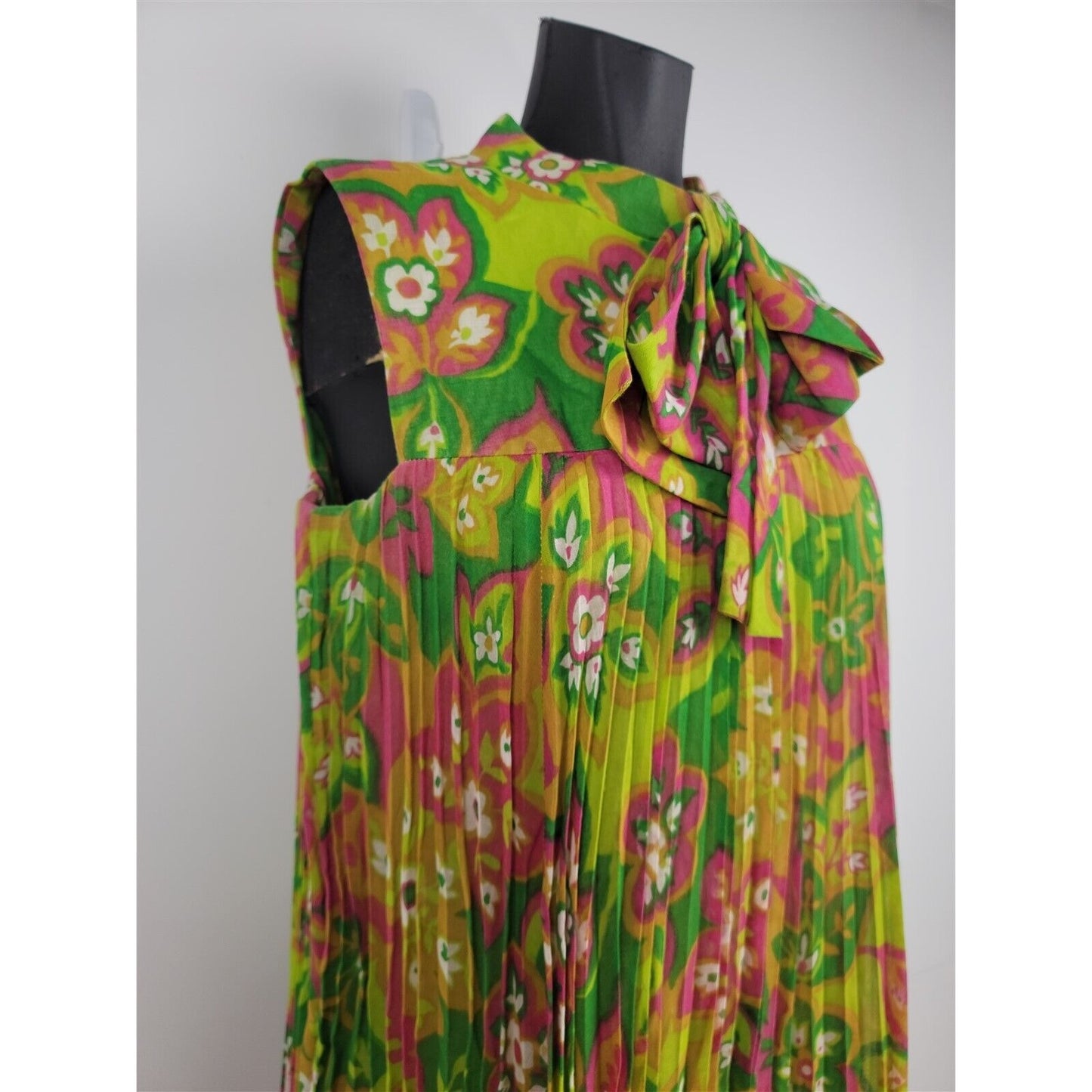 Vintage 1970s Junior Accent Frank Adams Sleeveless Floral Pleated Dress Womens S