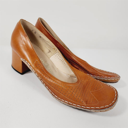 Vintage Andrew Geller Camel Tan Leather Block Heels Size 7.5 M