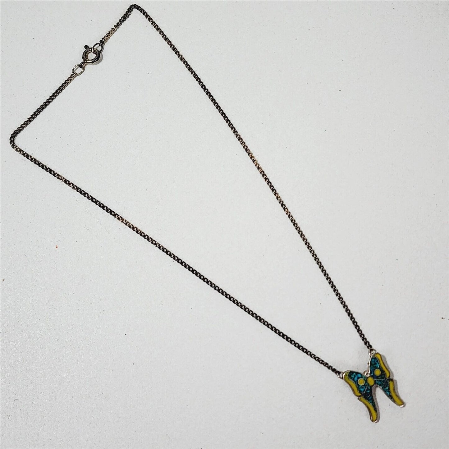 Vintage Butterfly Crushed Turquoise Yellow Enamel Sterling Silver Necklace 16”