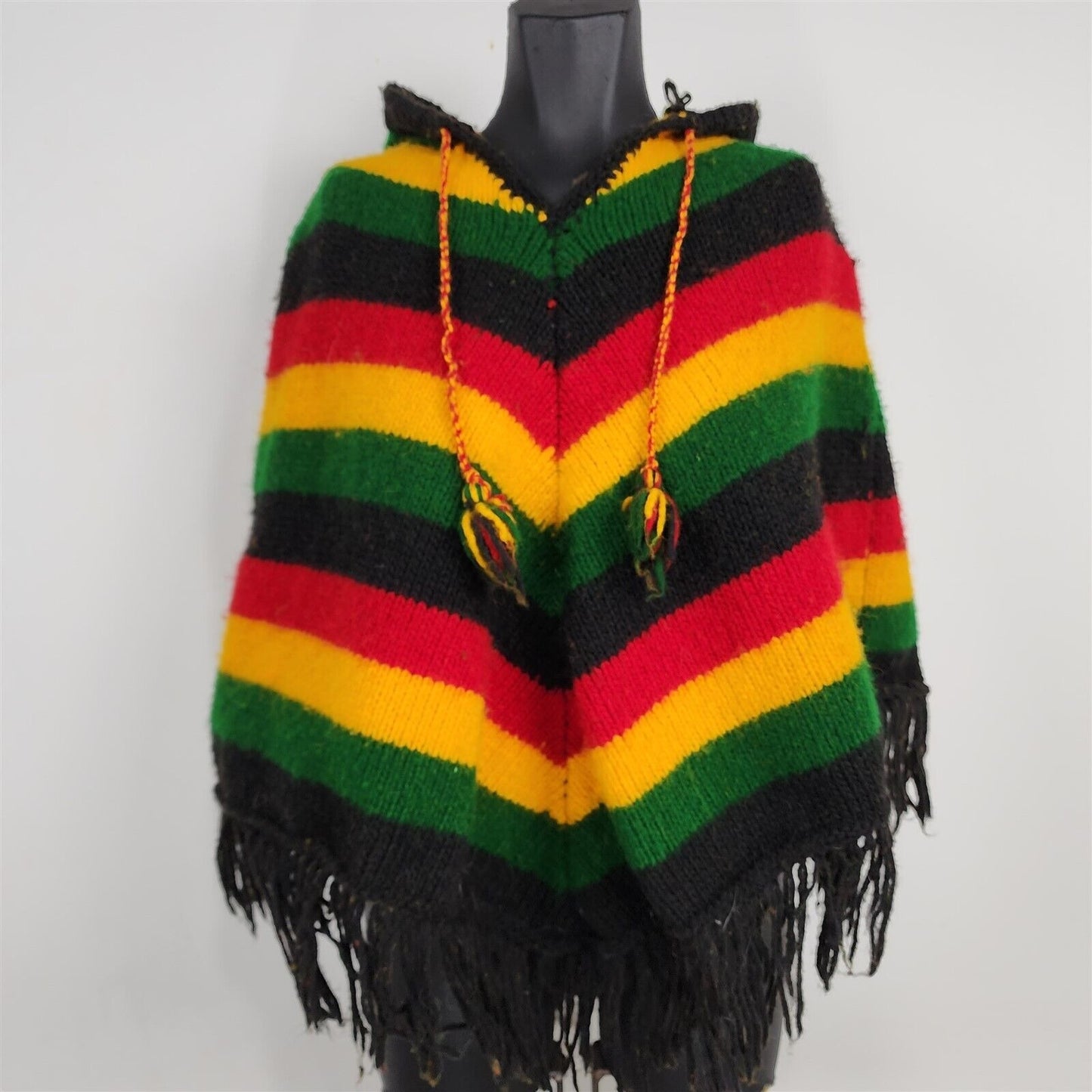 Vintage Red Yellow Green Black Striped Hooded Poncho Fringe Wool Made in Ecuador