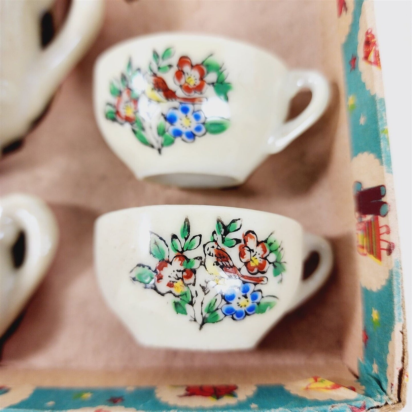 Vintage 7 Piece Lusterware Childs Tea Set Cream Floral Dishes in Original Box