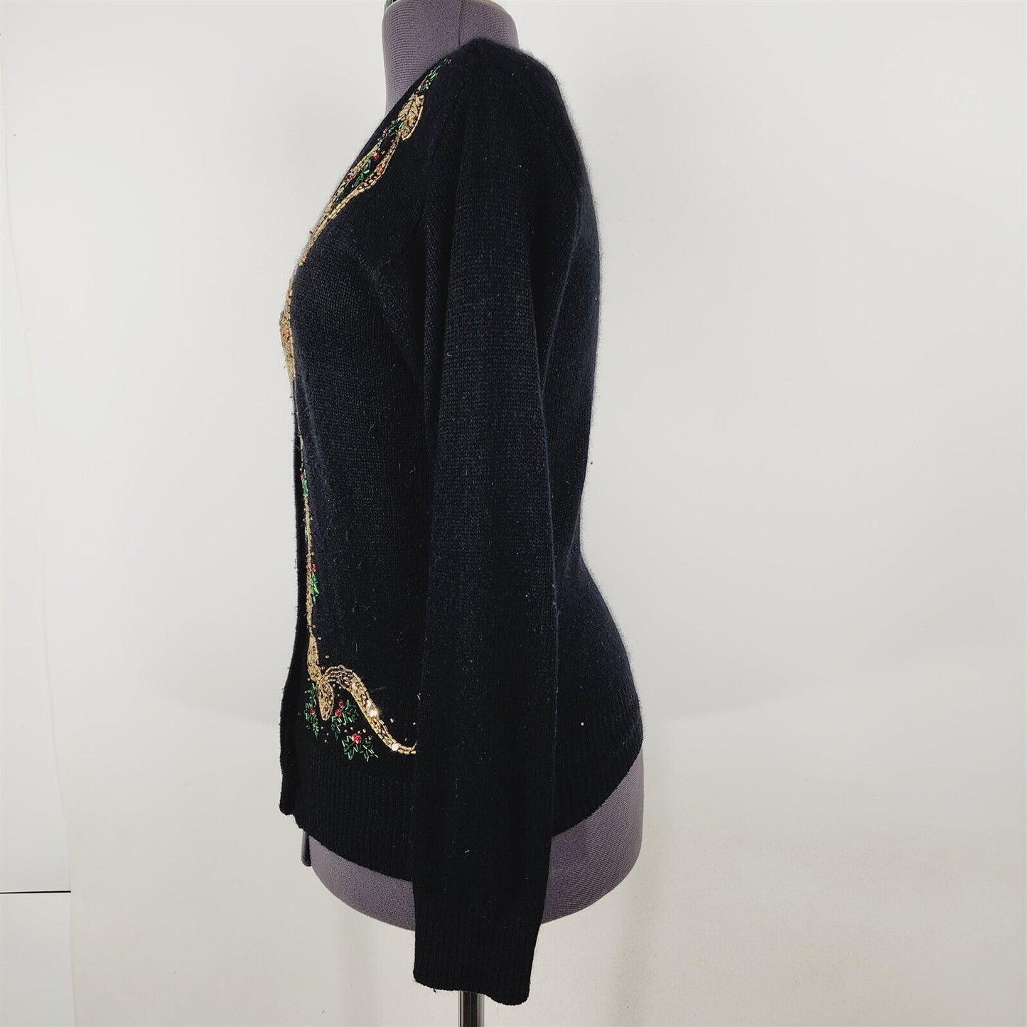 Vintage Black Christmas Cardigan Sweater Gold Bows Holly Size M