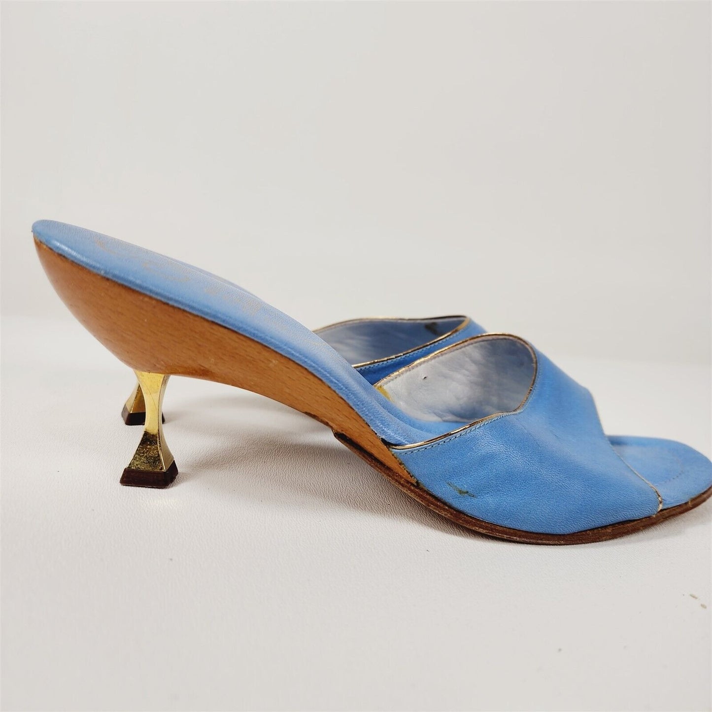 Vintage Saroia Made in Italy Blue Leather Mule Heels Womens Size 7 N