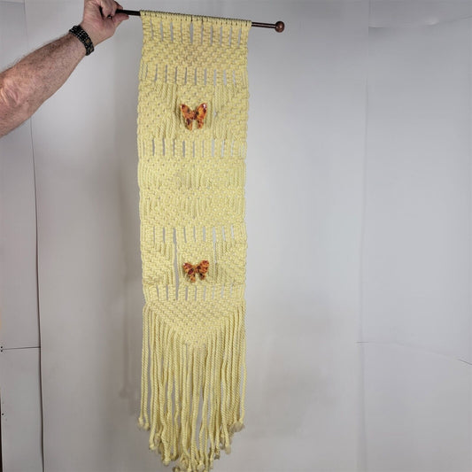 Vintage Handmade Macrame Wall Hanging Yellow Butterfly 55" Long
