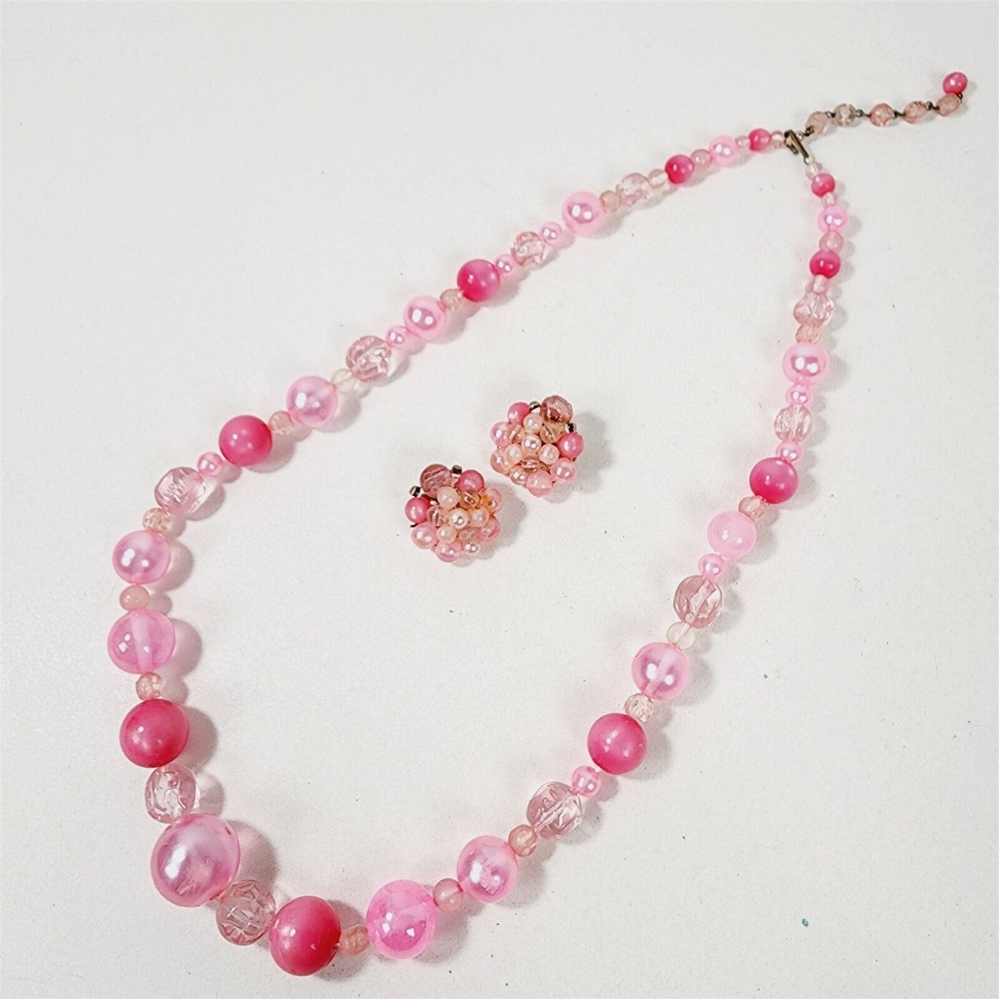 Vintage Pink Beaded Necklace with Cluster Clip On Earrings