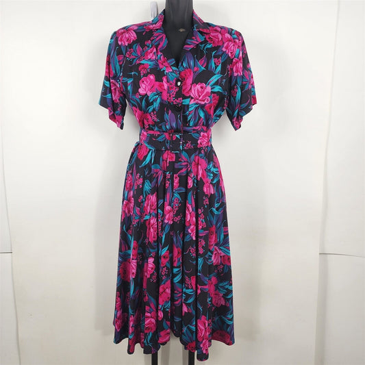 Vintage Derek Michael Pink Black Floral Dress Womens Size 4