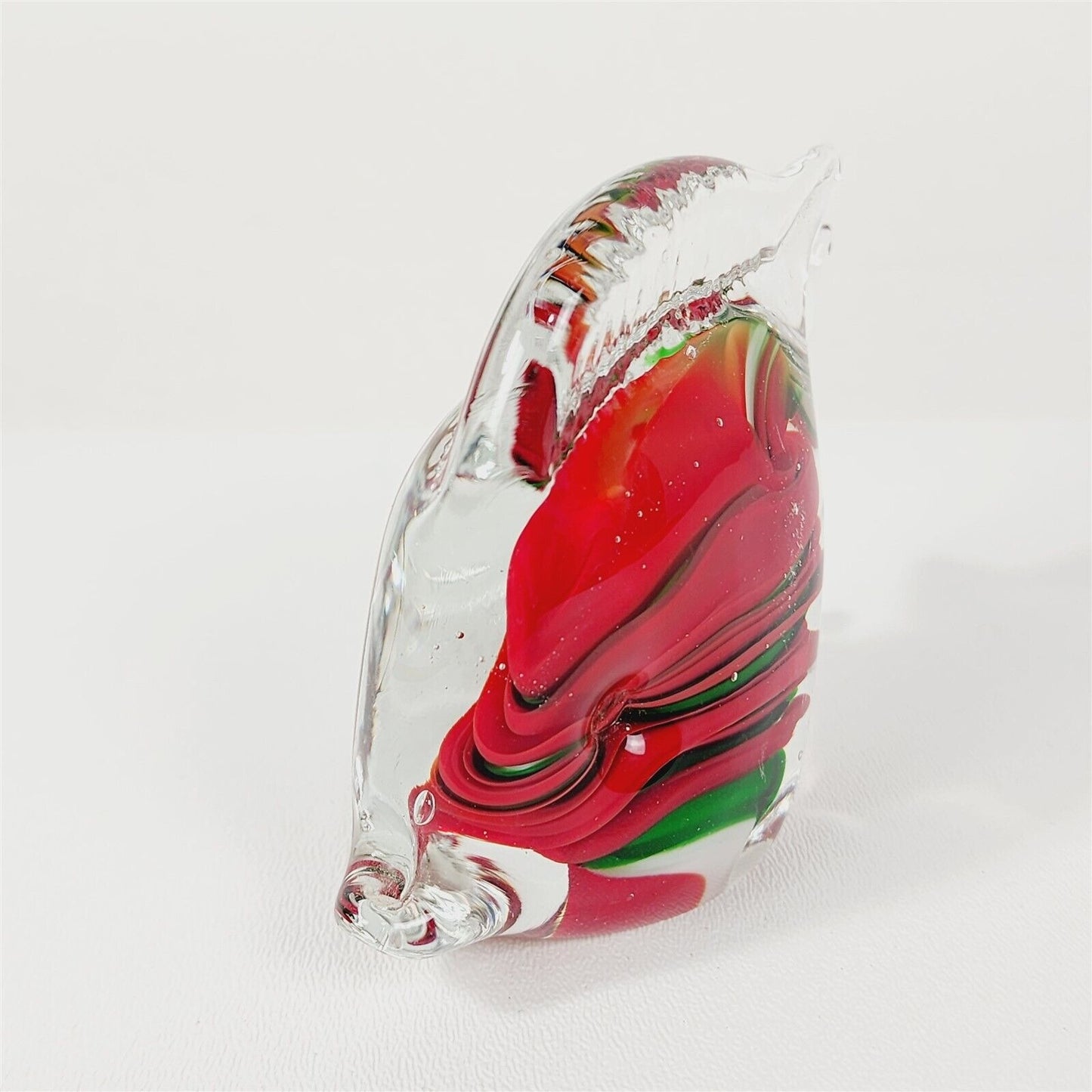 Vintage Glass Fish Shaped Paperweight Red Green White - 4.5" x 3.5"