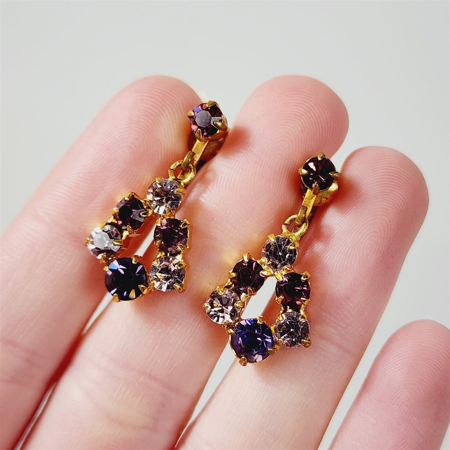 2 Pairs of Vintage Austria Marked Clip On Rhinestone Earrings Purple & Orange