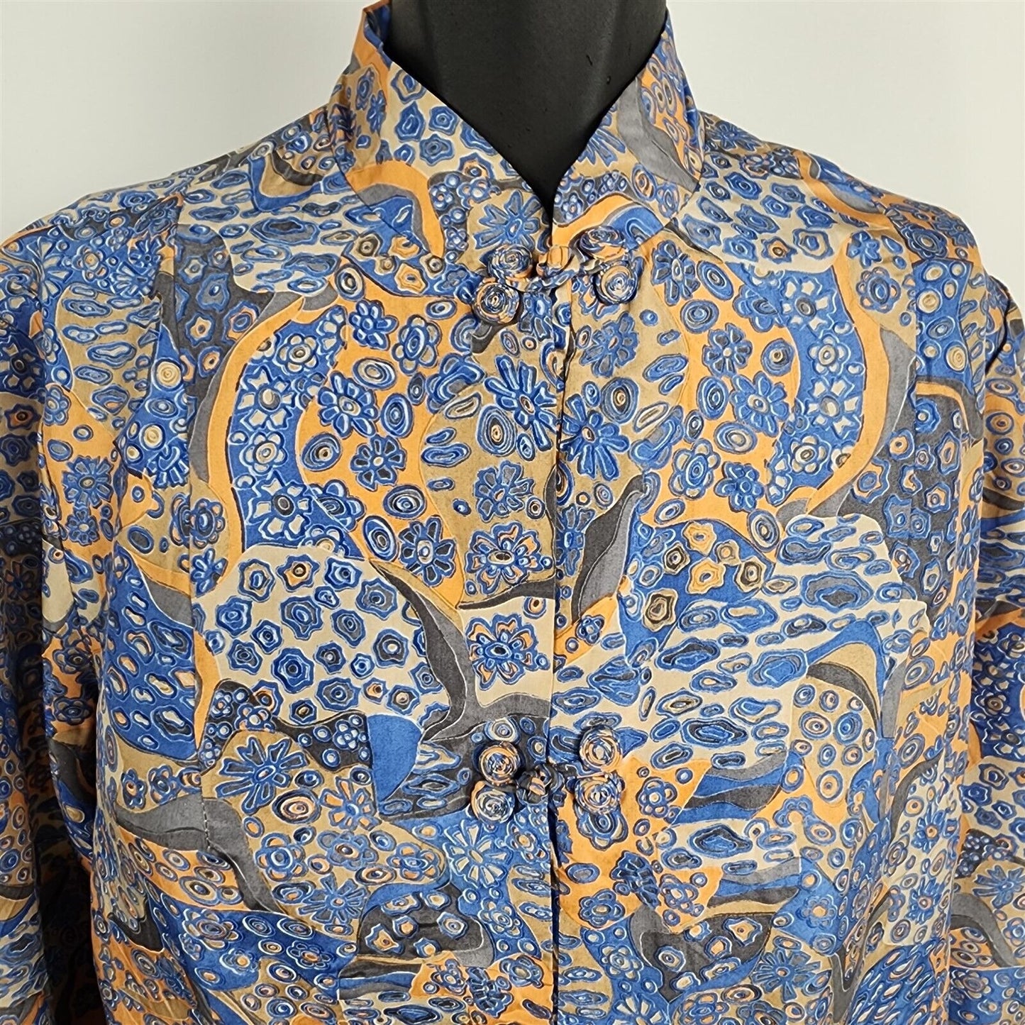 Vintage 1930s Marshall Field & Co Silk Robe Blue & Yellow Floral Frog Closure