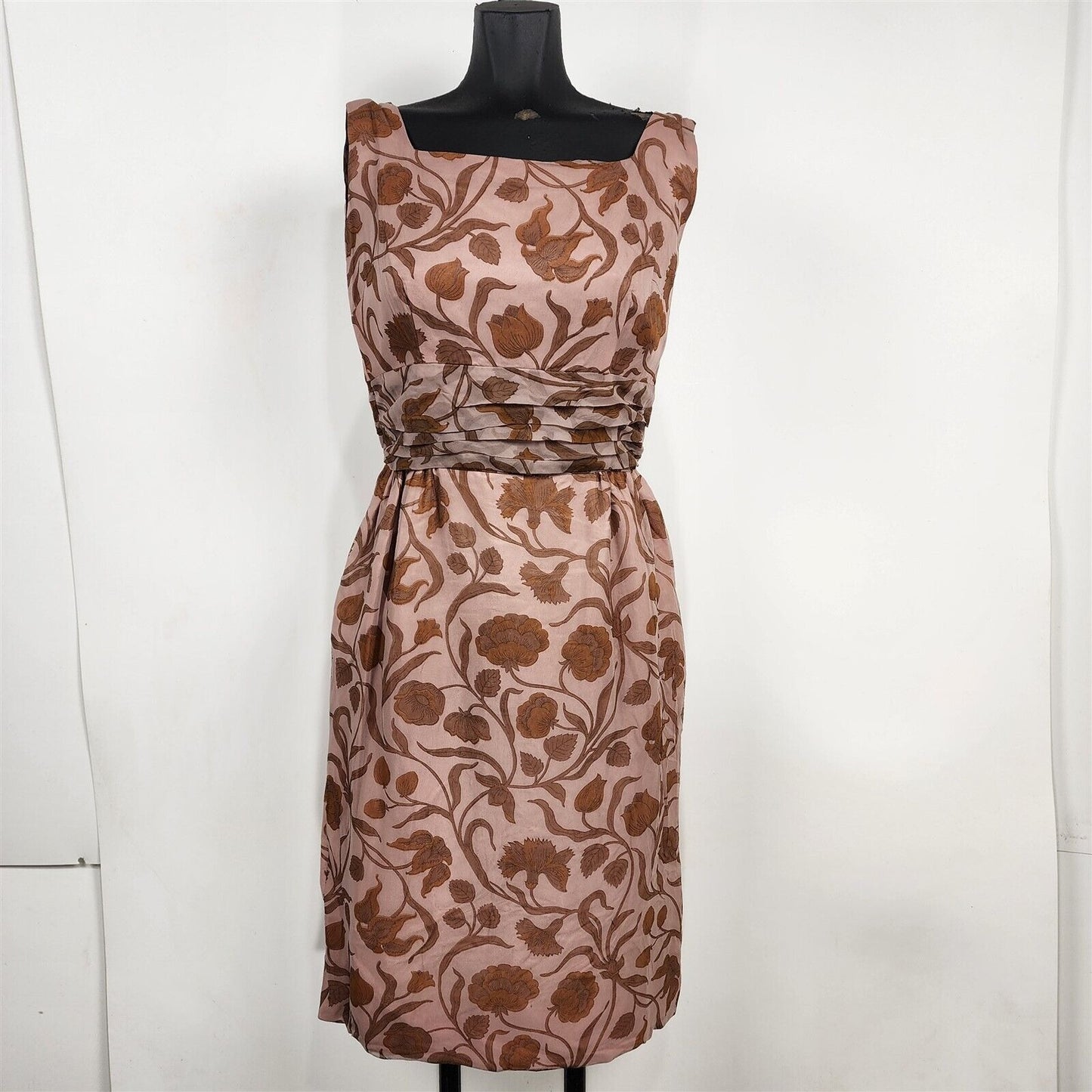 Vintage Mauve Pink & Brown Floral Sheath Sleeveless Dress Union Made