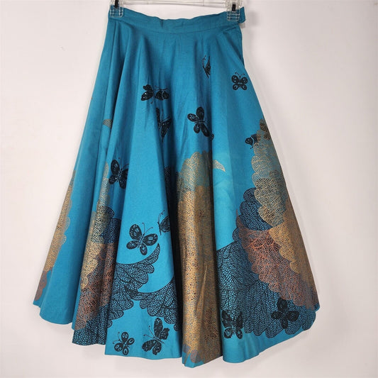 Vintage 1950s Jay Original Blue Sparkle Butterfly Gold Leaf Full Circle Skirt