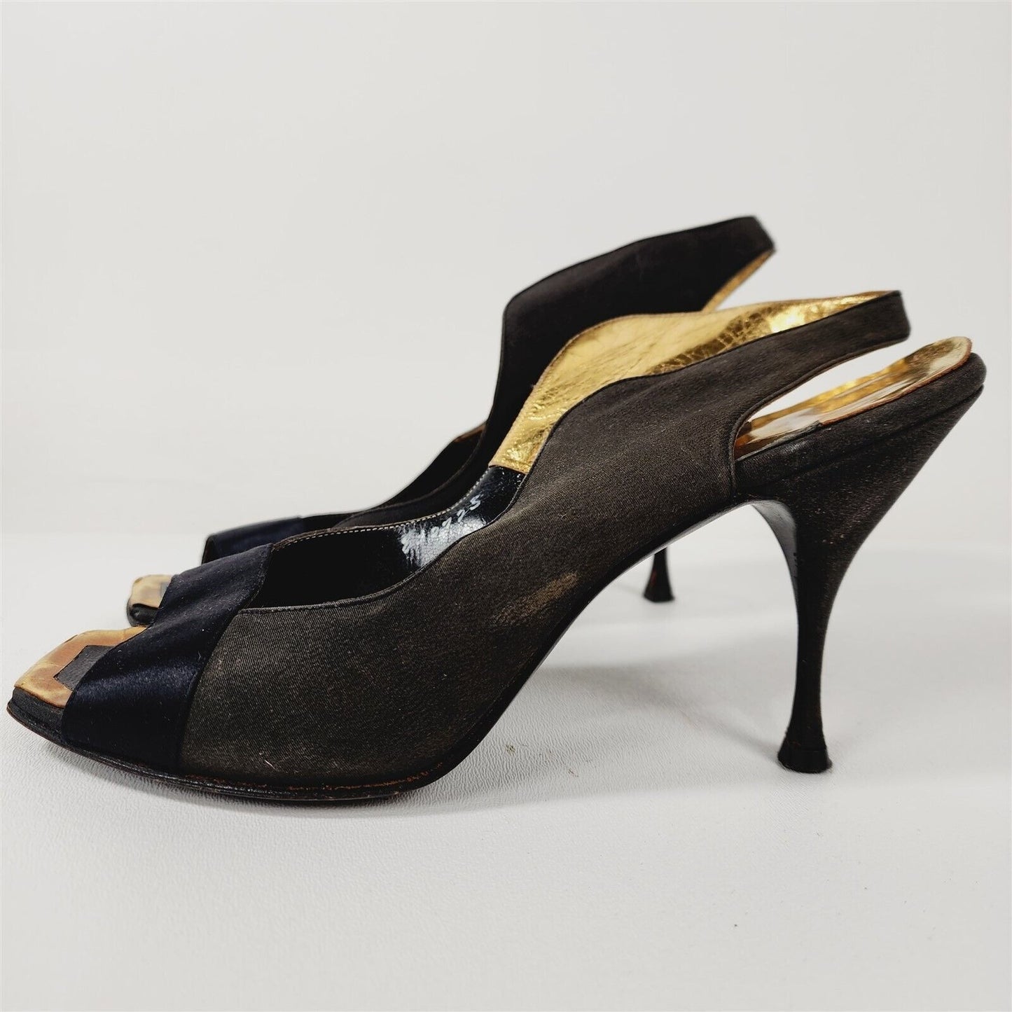 Vintage Marquise Black Slingback Canvas Pumps Heels Shoes Size 8