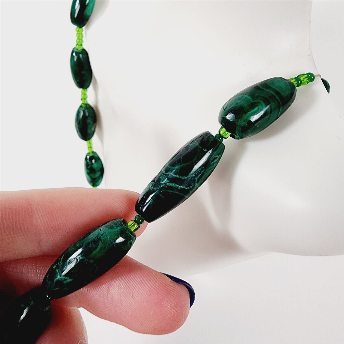 Vintage Green Malachite Graduated Oblong Beaded Necklace - 22"